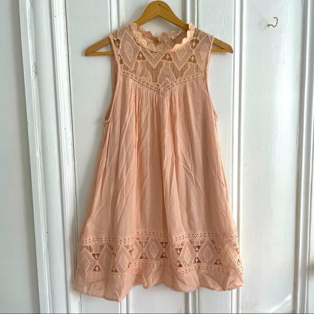 Anthropologie pink lace high neck mini dress size small
